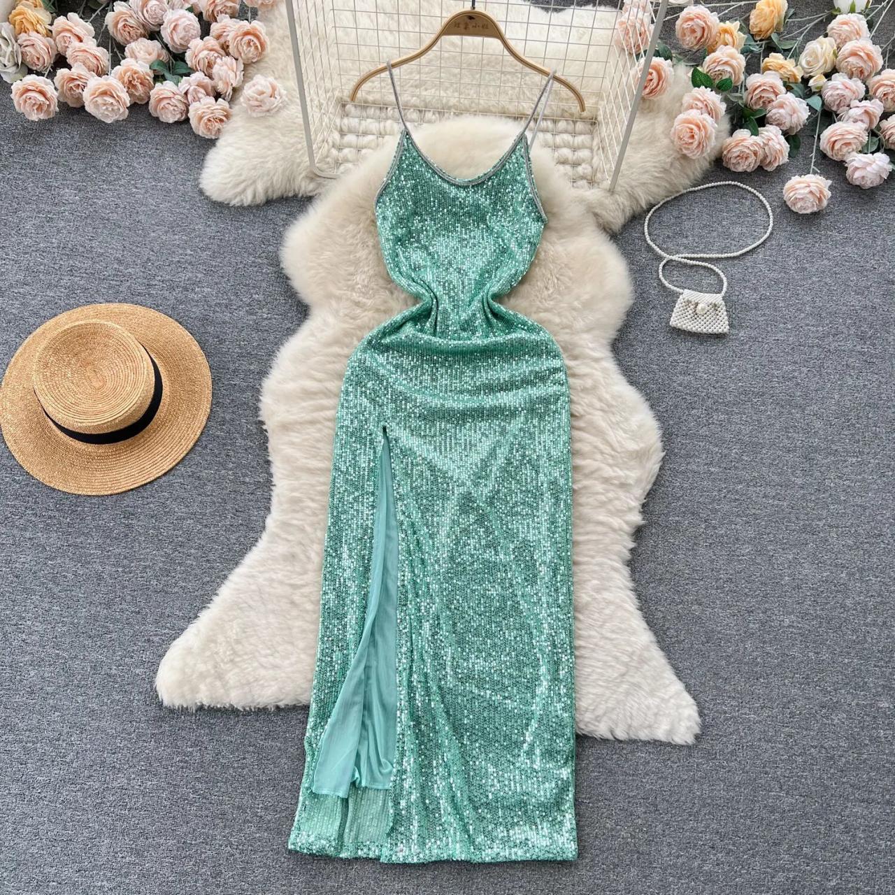 Womens Elegant Sequin Draped Backless Evening Gown