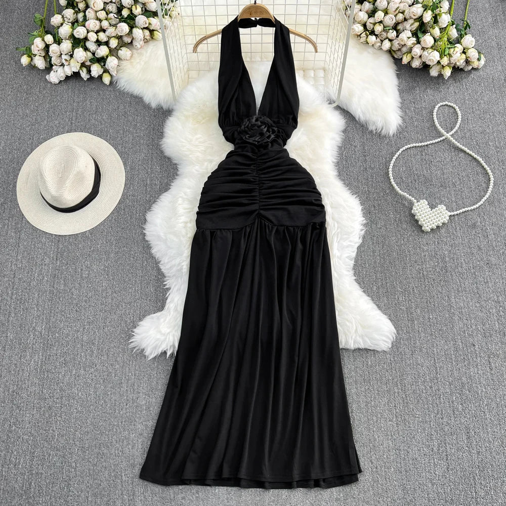 Elegant Black Halter Neck Midi Dress With Ruched Detail on Luulla