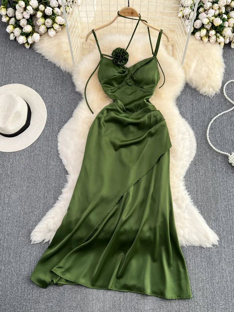 Elegant Green Satin Spaghetti Strap Evening Dress on Luulla