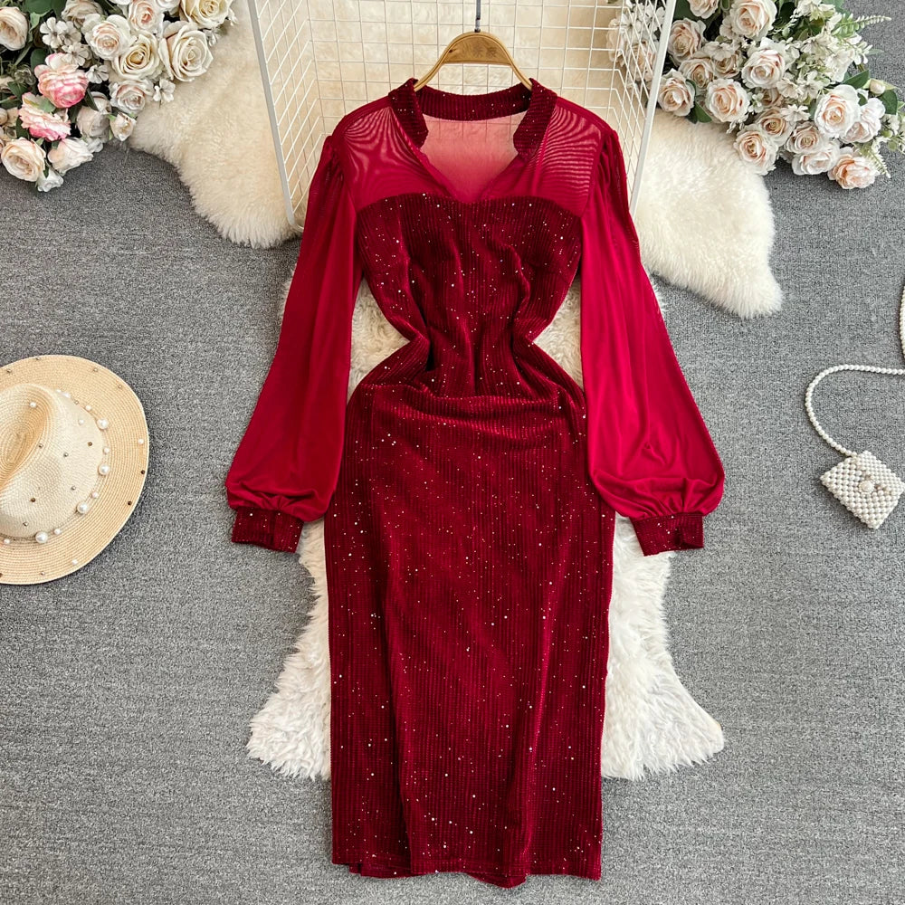 dusty rose long dress with sleeves Dusty Rose Plunging Neck 3/4 Sleeves Slit A-line Prom Dress