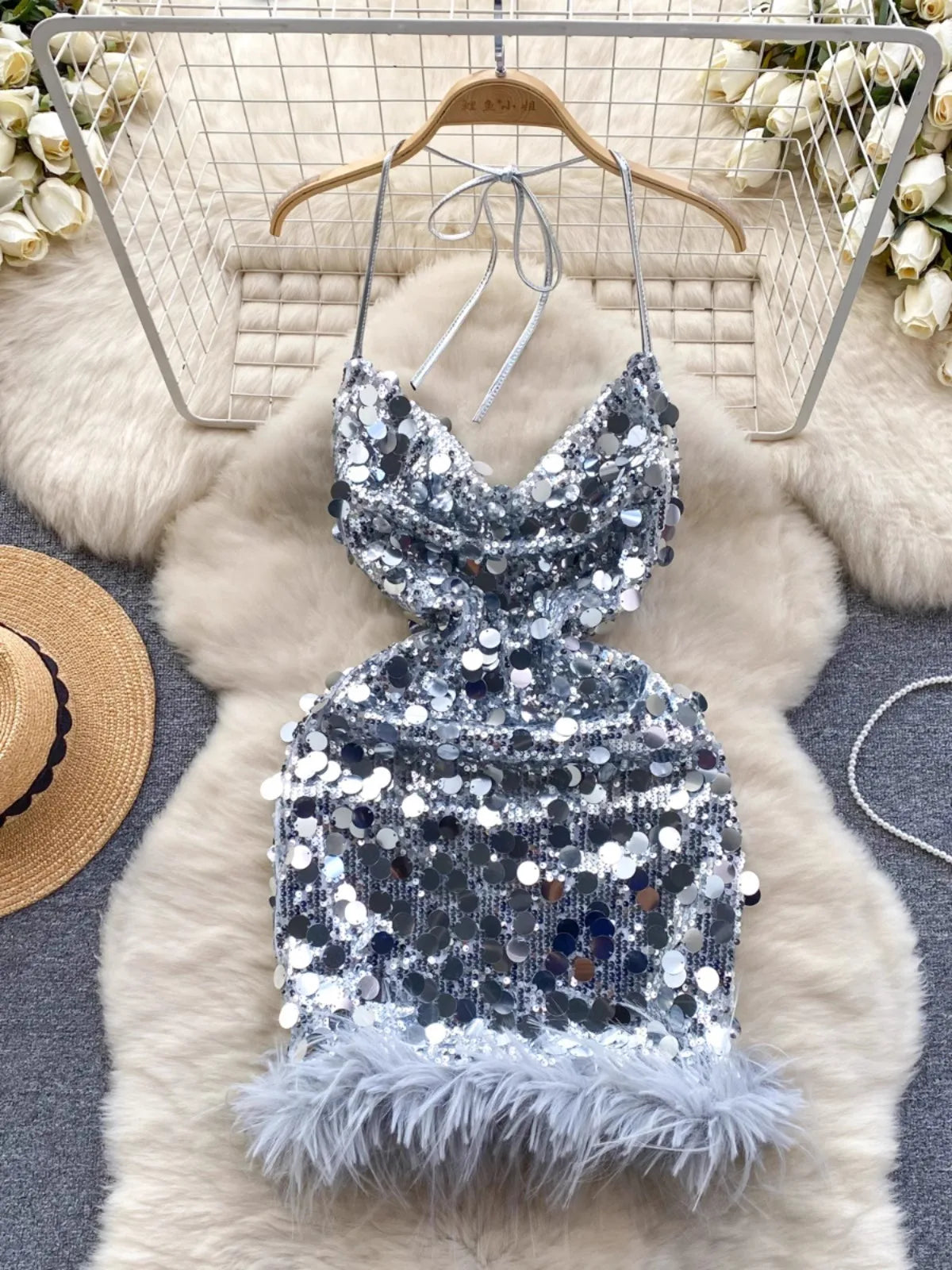 Womens Sparkling Sequin Feather Trim Party Dress Set on Luulla