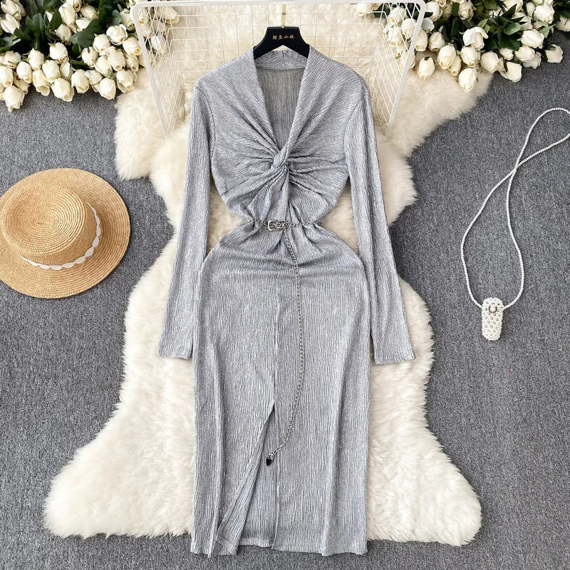 Metallic Knit Twisted Front Long Sleeve Midi Dress on Luulla