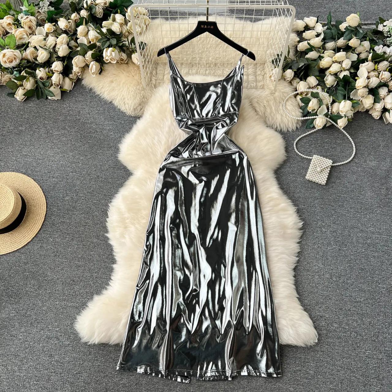 metallic silver midi dress Silver Metallic Asymmetrical Halter Midi Dress | Womens | X-Large | 100% Polyester