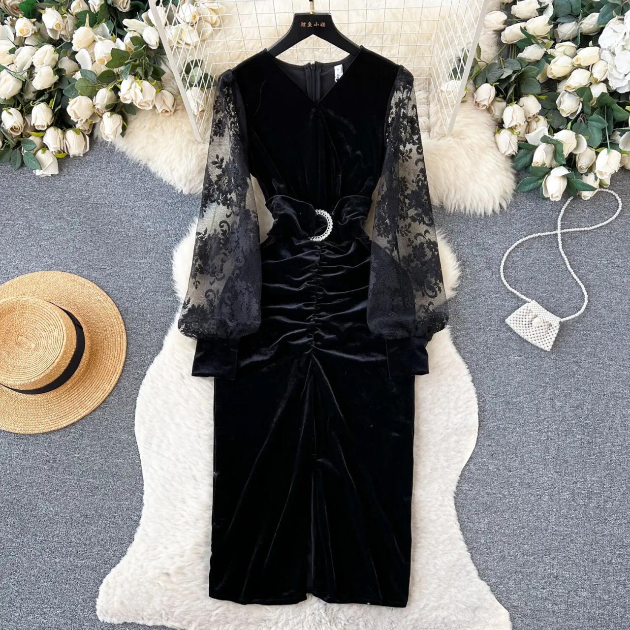 black velvet dress sheer sleeves Black Long Sleeve Sheer Floral Embroidered Velvet Dress