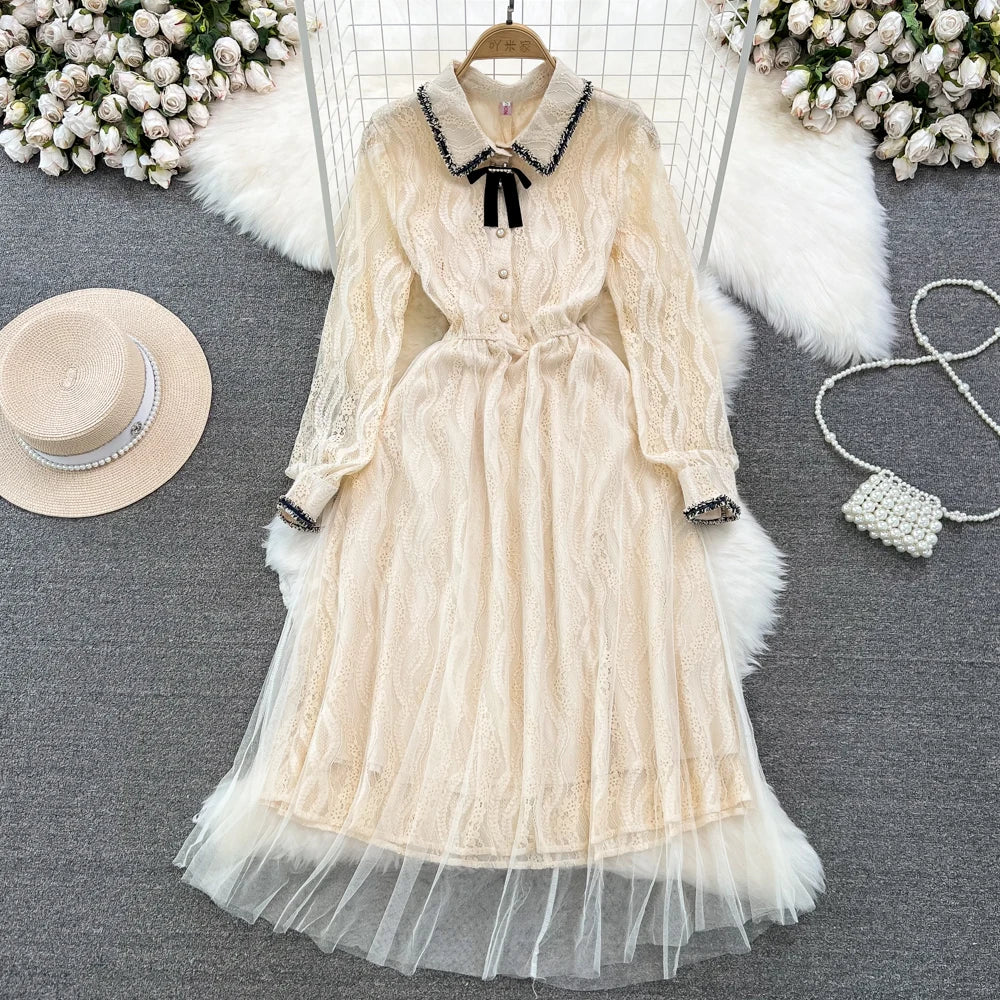 Stylegoing Vintage Lace Collar Long Sleeve Tulle Midi Dress
