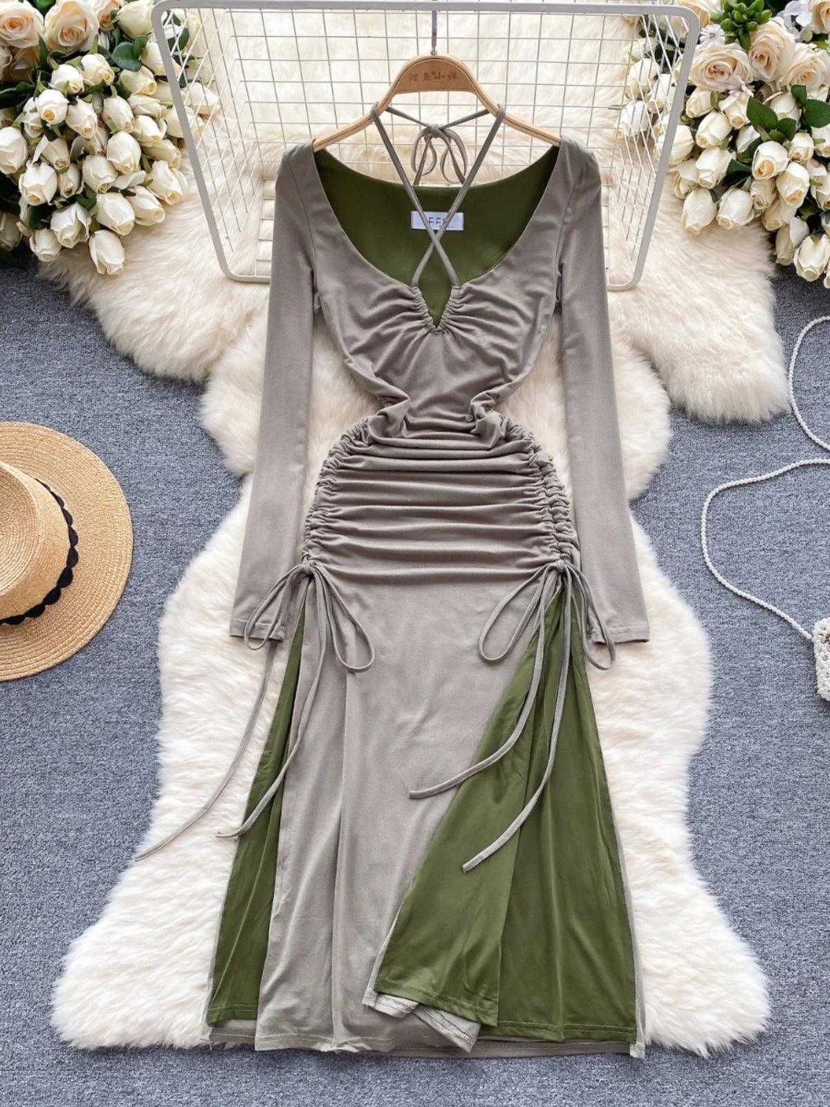 Stylegoing Olive Green Ruched Long Sleeve V Neck Dress