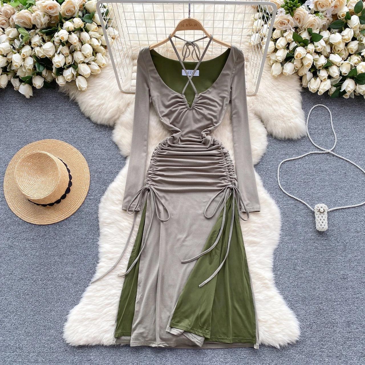 Stylegoing Olive Green Ruched Long Sleeve V Neck Dress