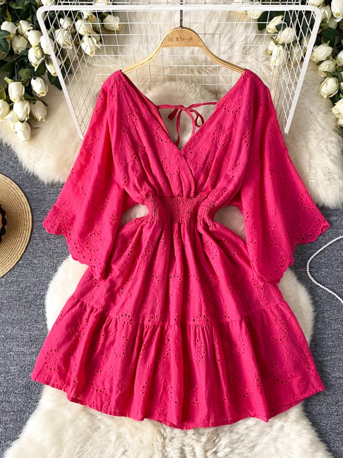 boho eyelet dress White Eyelet Backless Mini Dress For Women - Boho Flare Sleeve Fit And  Flare Cotton Sundress