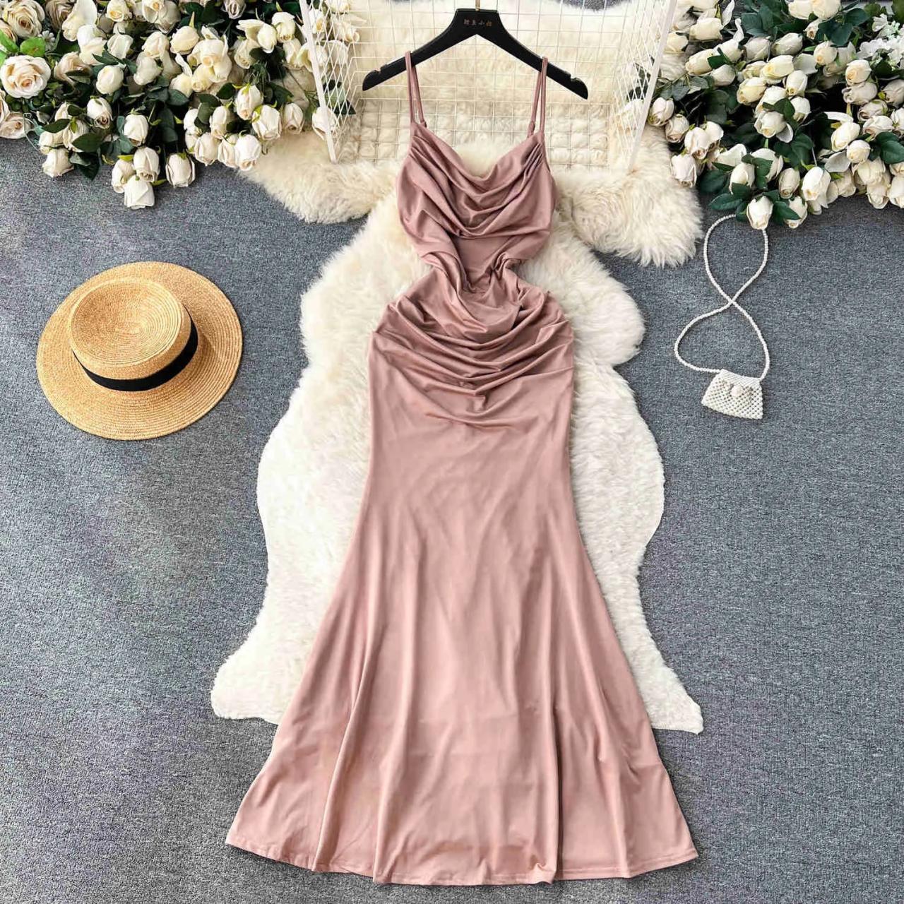 Elegant Cowl Neck Satin Slip Dress With Hat