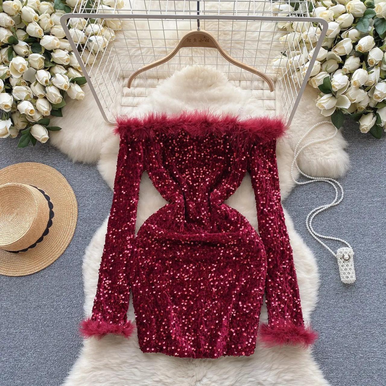 Womens Long Sleeve Sequin Dress With Faux Fur Trim