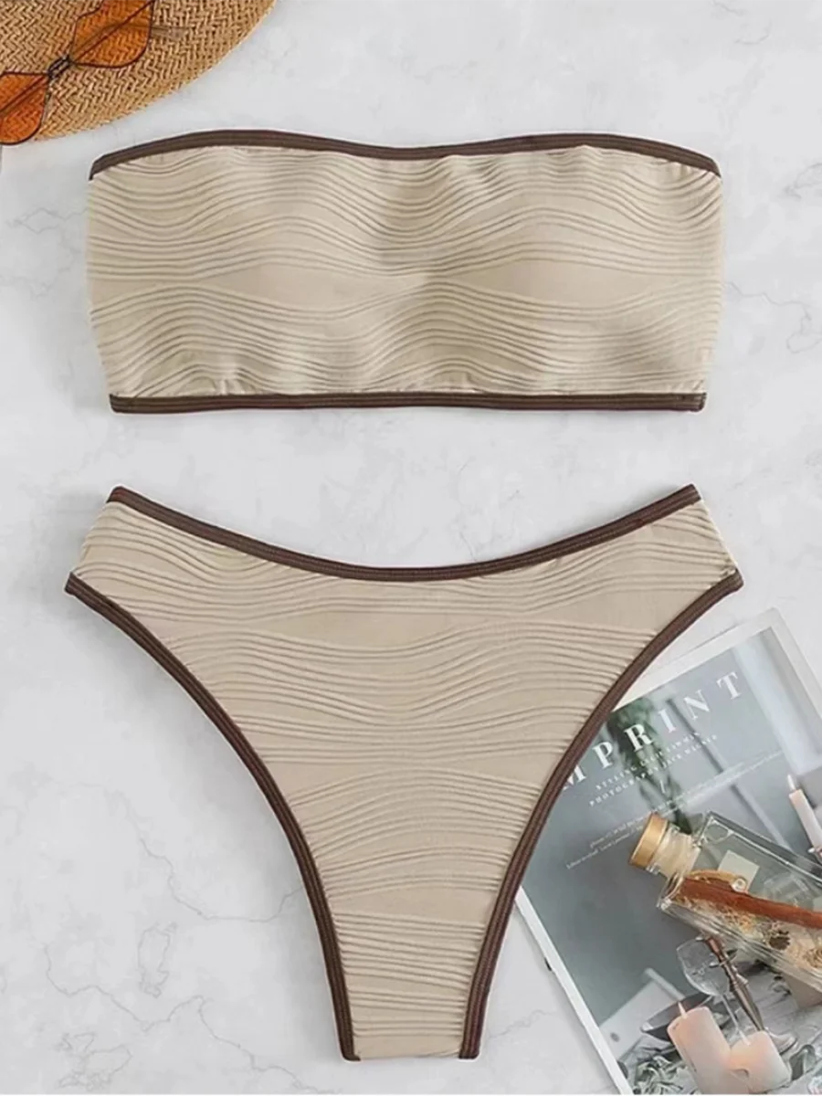Womens Beige Ribbed Bandeau Bikini Set Swimwear