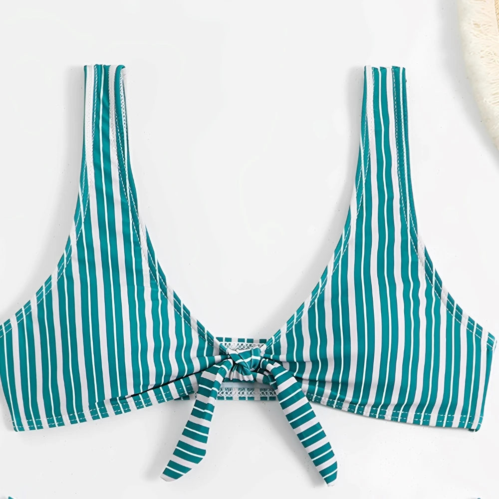 Navy Blue Embroidered Trim Wrap Tie Knot  High Waisted Bikini main image 0