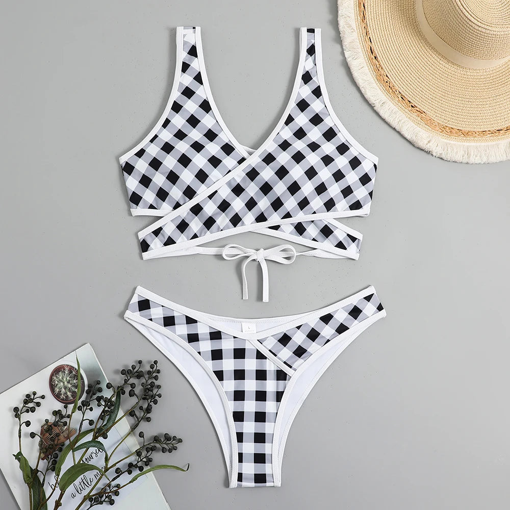 Womens Black And White Checkered Bikini Set Swimwear on Luulla
