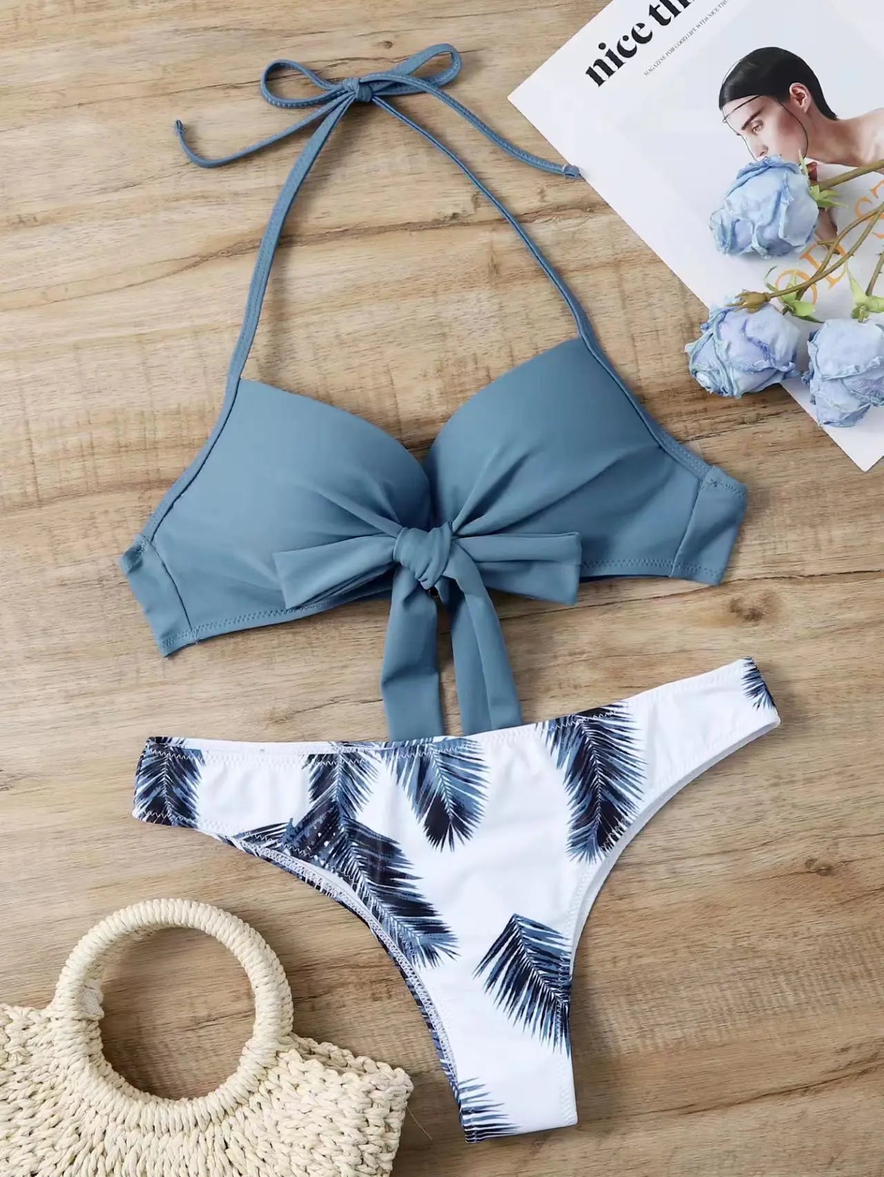 Stylegoing Womens Tie Front Bikini Top and Palm Print Bottoms