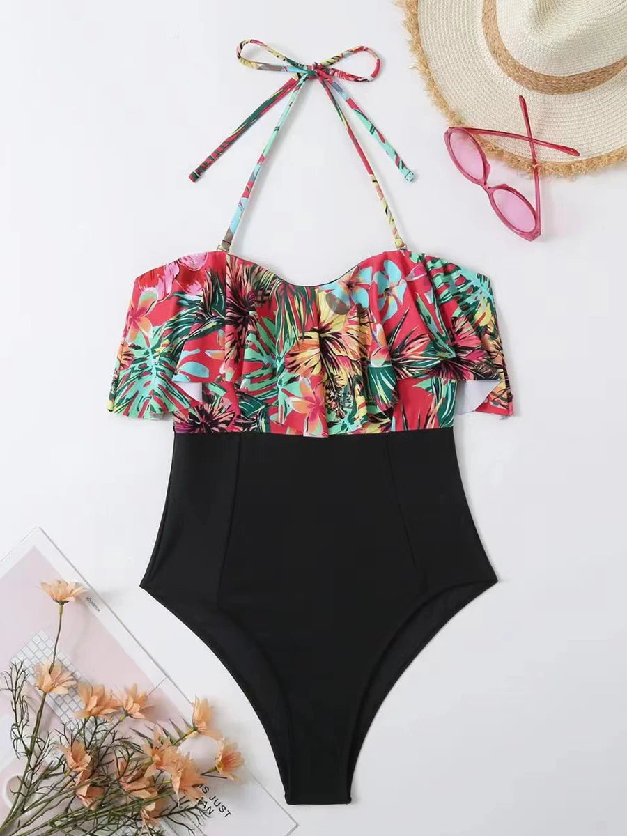 0401~All Over Logo One Piece Swimsuit with Frill Shoulder