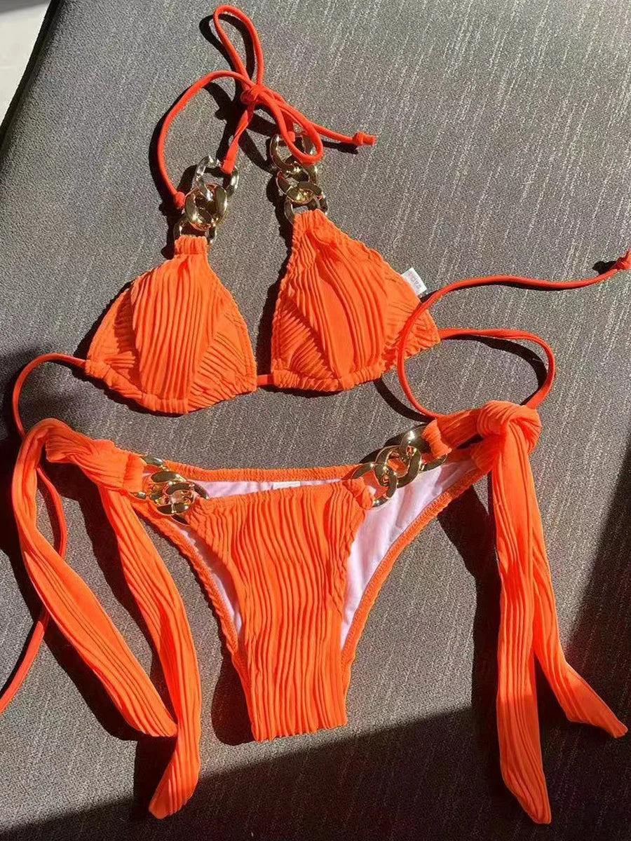 SOLID HALTER BIIKINI SET WITH RUCHING SIDE BOTTOM