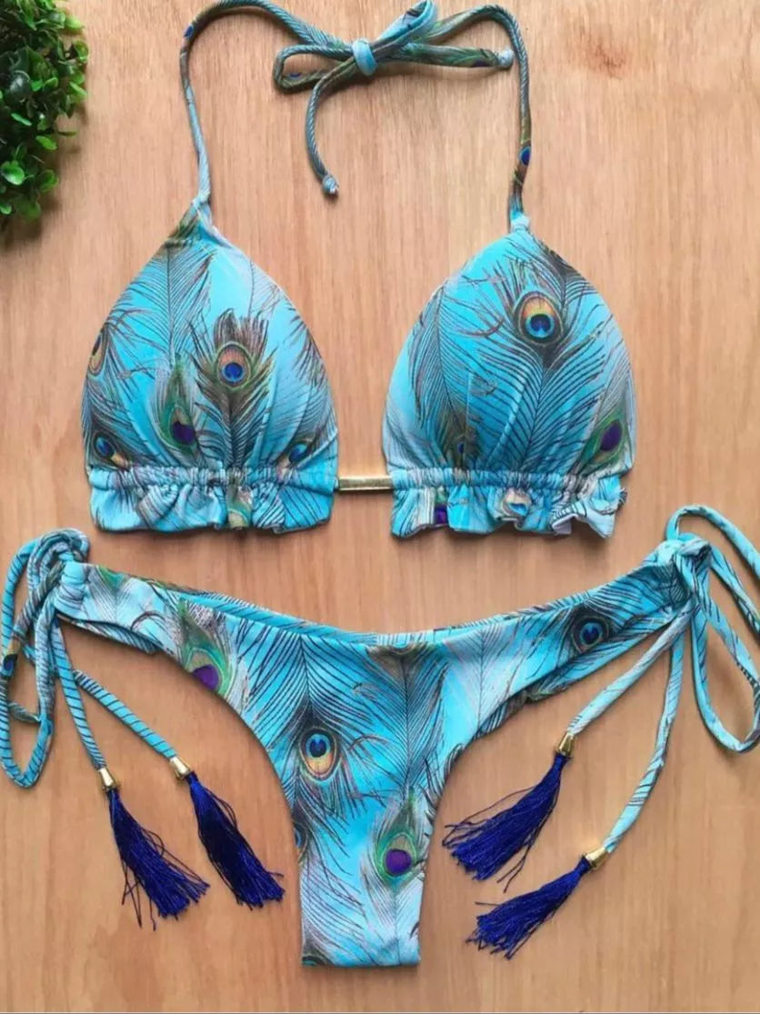 Womens Peacock Feather Print Bikini Set With Tassels on Luulla
