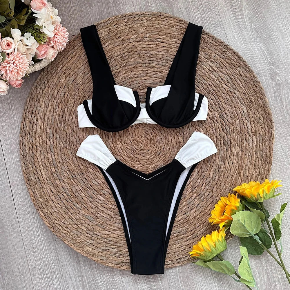 Womens Black And White High-waisted Bikini Set on Luulla