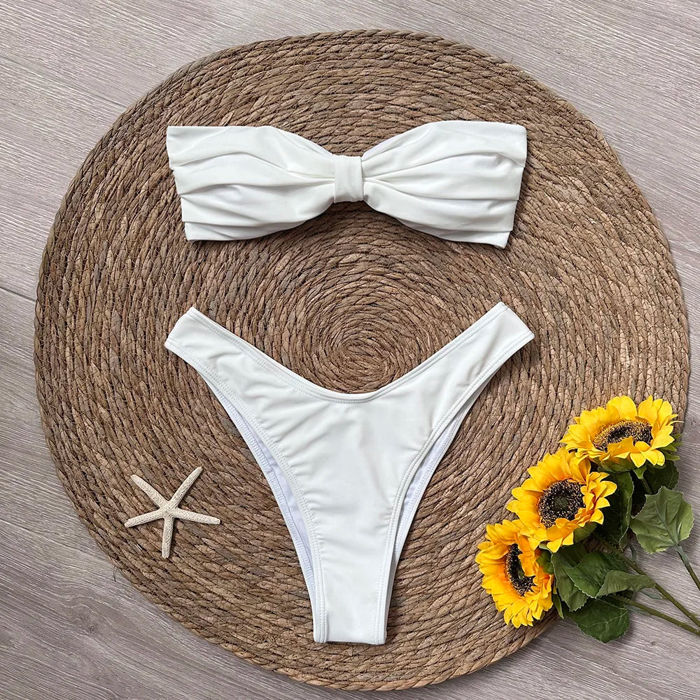 Womens White Bow Bandeau Bikini Set High waisted on Luulla