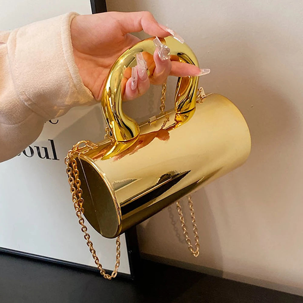 Chic Golden Cylinder Clutch With Chain Handle on Luulla