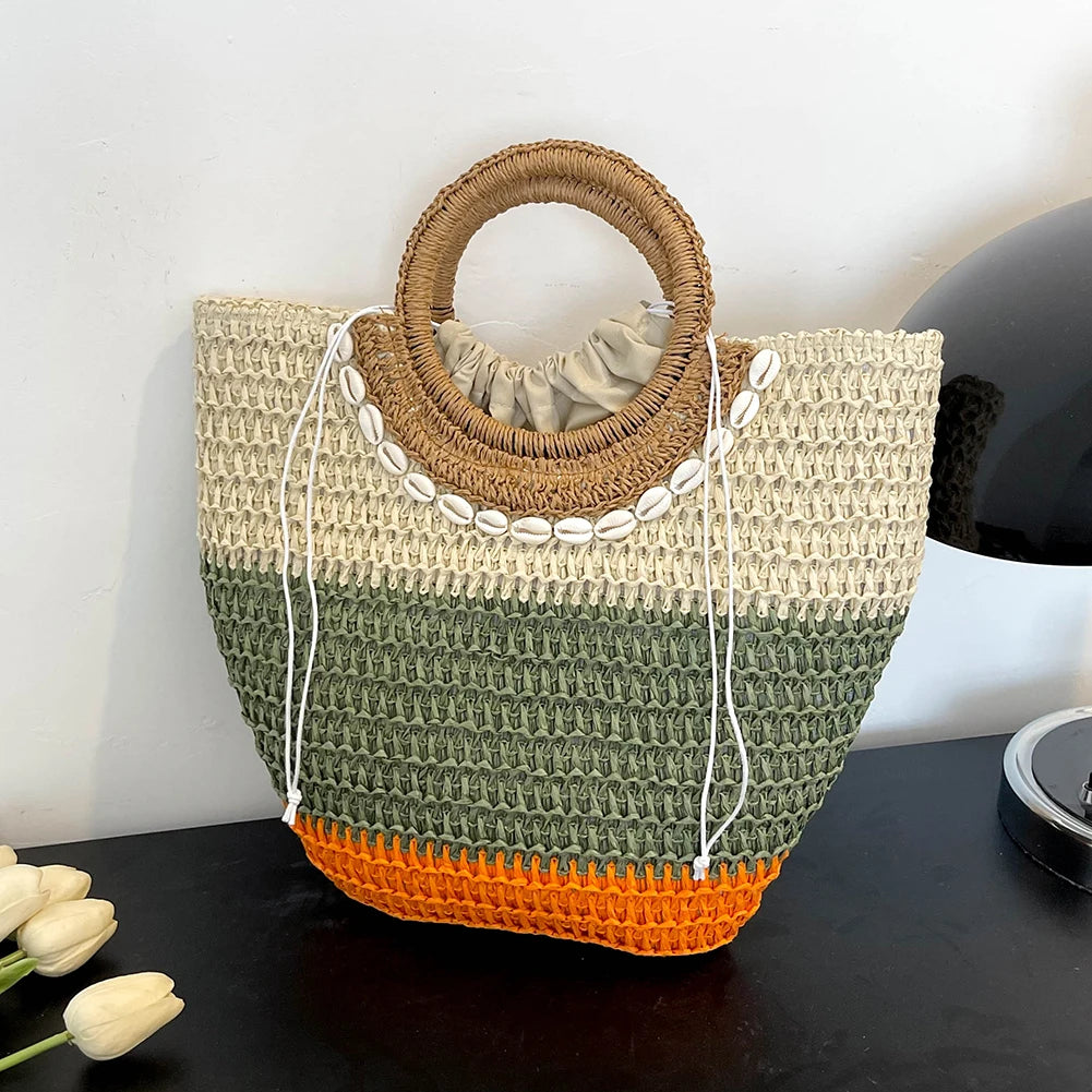 Handwoven Round Handle Straw Beach Tote Bag