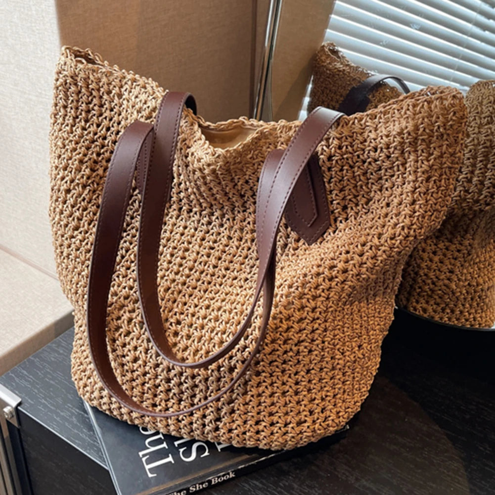 Handcrafted Brown Woven Tote Bag With Leather Straps