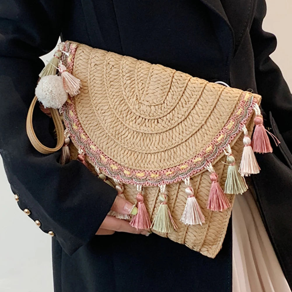Boho Chic Tassel Embellished Straw Envelope Clutch Bag