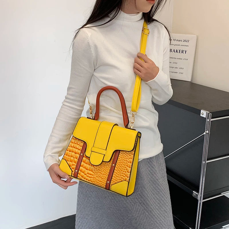 Chic Yellow Croc texture Buckle Closure Handbag on Luulla