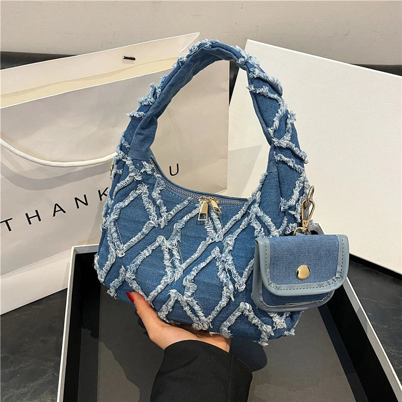 Chic Distressed Denim Hobo Bag with Coin Purse