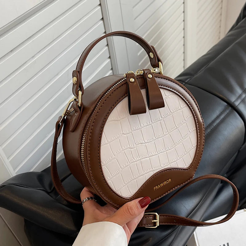 Round Croc Embossed White and Brown Elegant Handbag