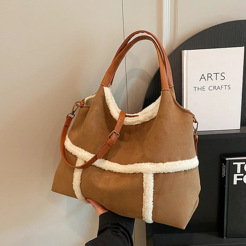 Womens Faux Suede Sherpa Trim Tote Handbag Winter Style on Luulla