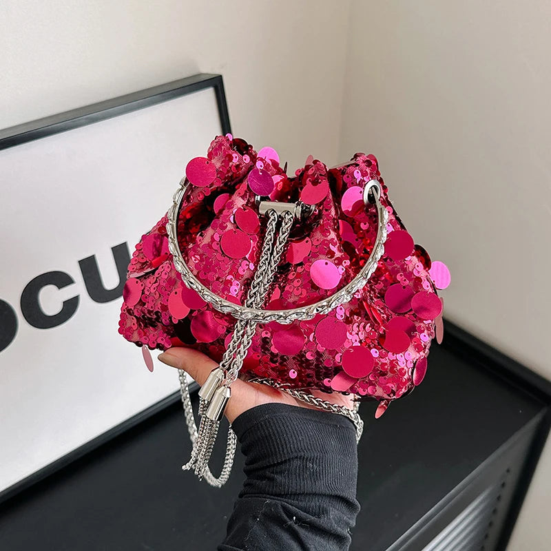Sparkling Pink Sequin Pouch Style Evening Bag
