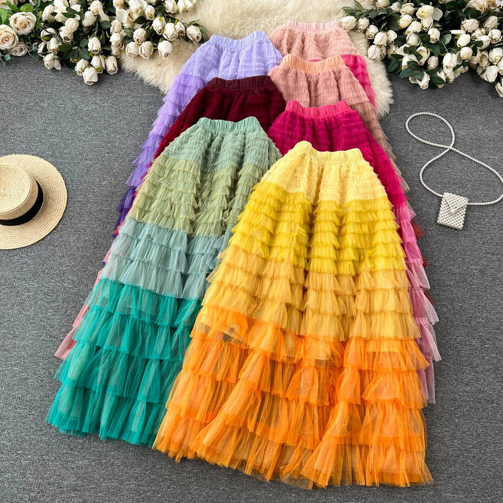 Colorful Multi-layered Ruffled Tulle Maxi Skirt on Luulla