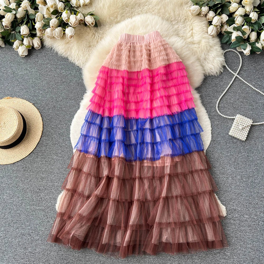 Colorful Multi-layered Ruffled Tulle Maxi Skirt on Luulla