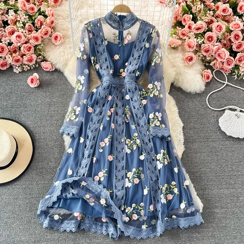 Floral embroidered mesh midi dress top