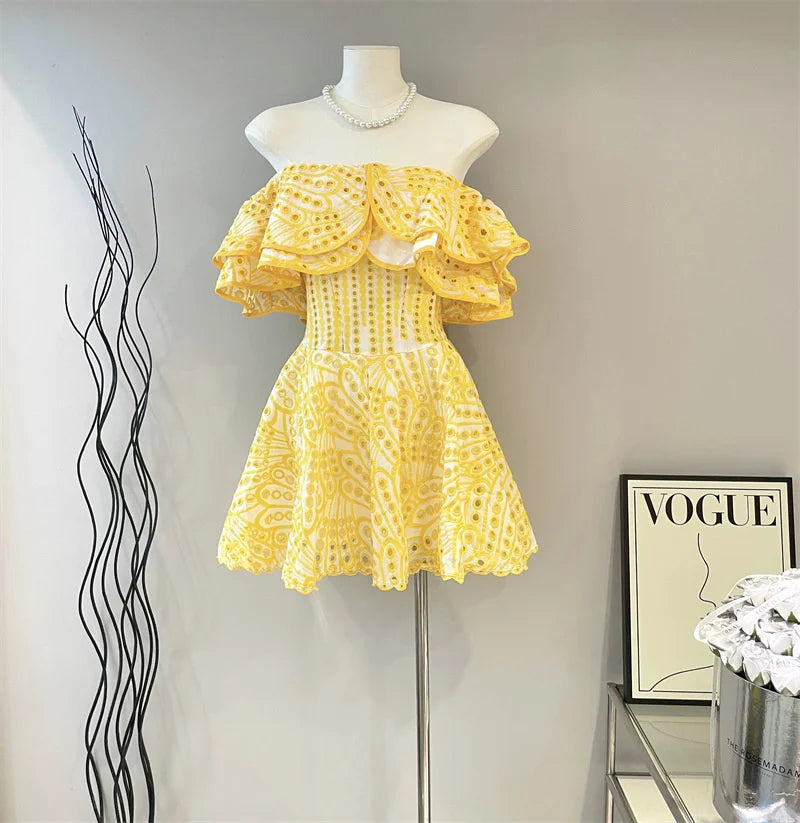 yellow off shoulder dress with floral design Yellow Floral Embroidered Off Shoulder Ruffle Cut Out Tie Up Mini Dres   Hot Miami Styles