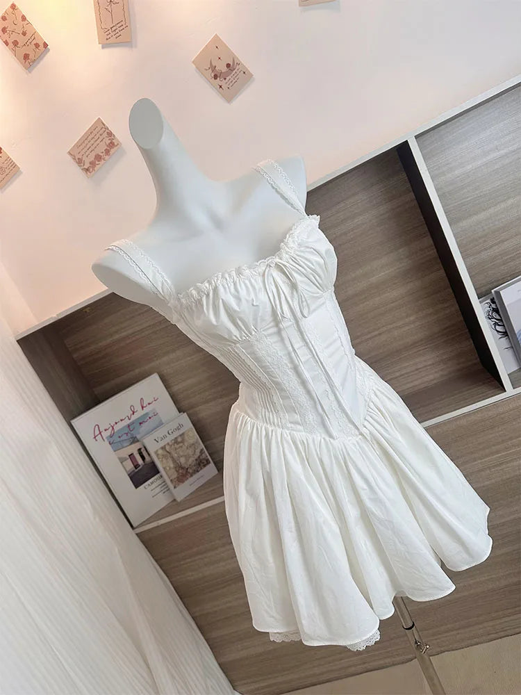 White Lace-up Corset Dress With Straps on Luulla