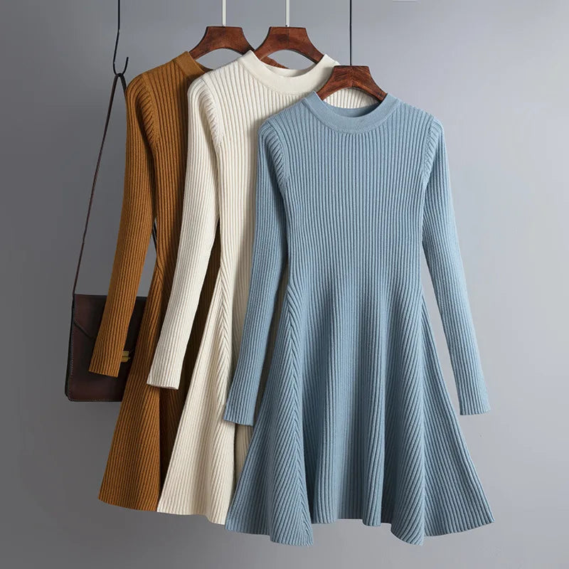 Ribbed Knit Long Sleeve Sweater Dress