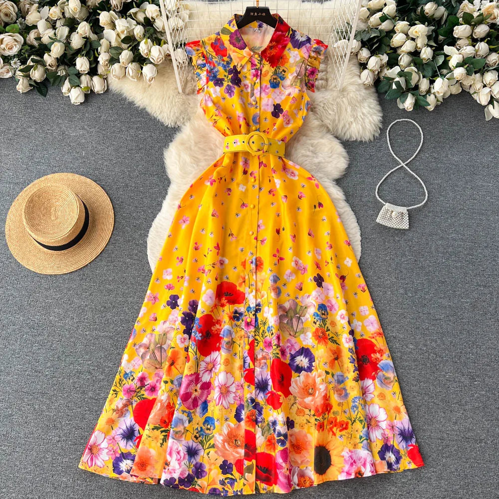 Floral Print Yellow Maxi Summer Dress