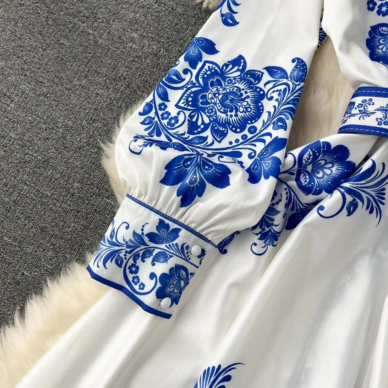 Elegant White Dress With Blue Floral Embroidery on Luulla