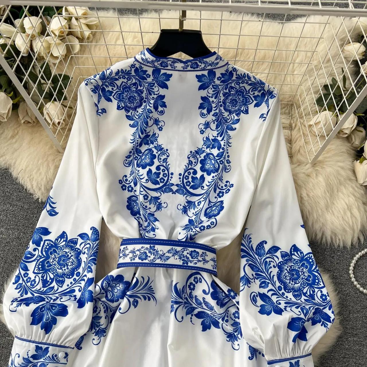 Elegant White Dress With Blue Floral Embroidery on Luulla