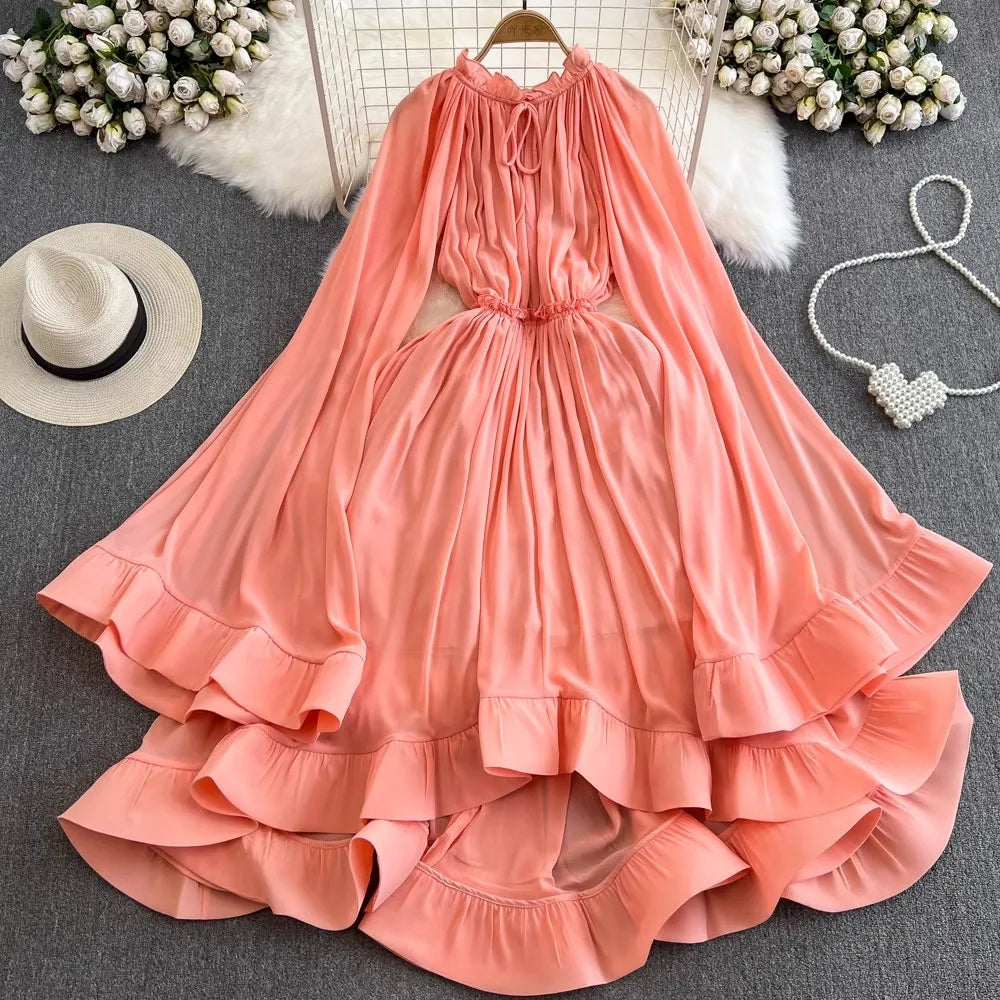 Peach Ruffled Maxi Dress With Flowing Sleeves
