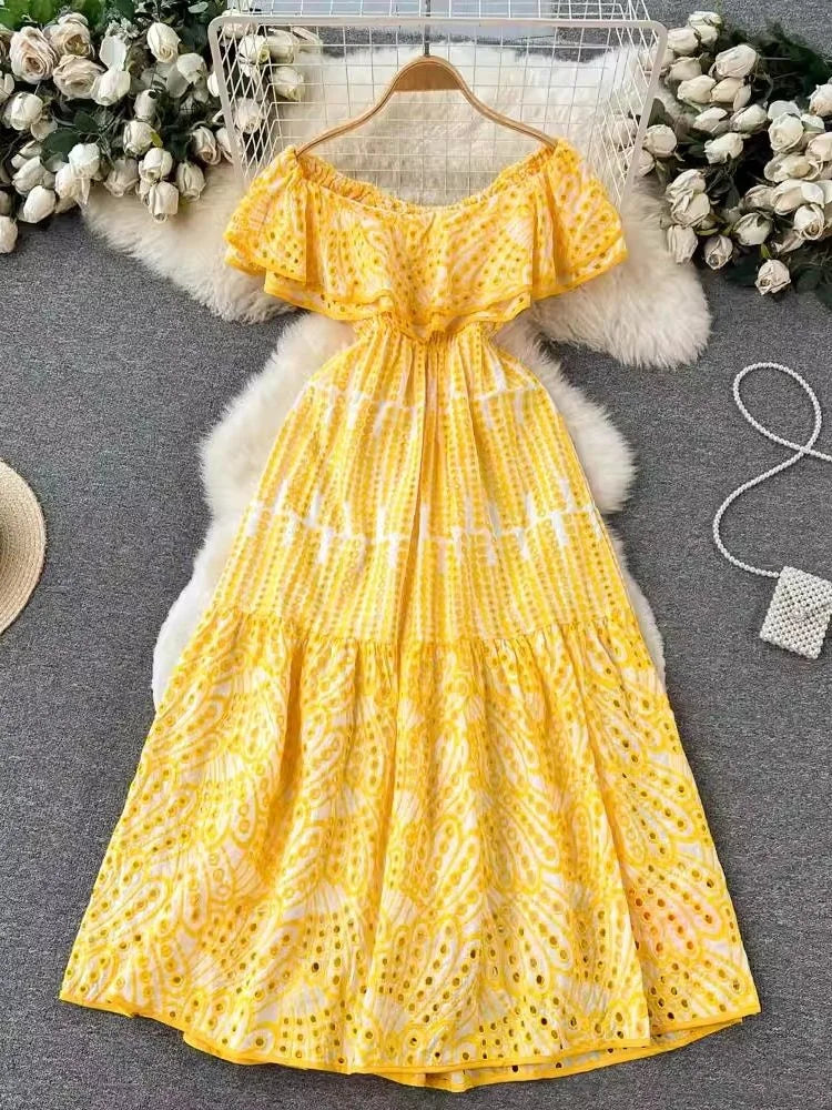 yellow floral off the shoulder maxi dress Tiered Ruffle Floral Off-Shoulder Chiffon Maxi Dress in Yellow Yellow XS-S
