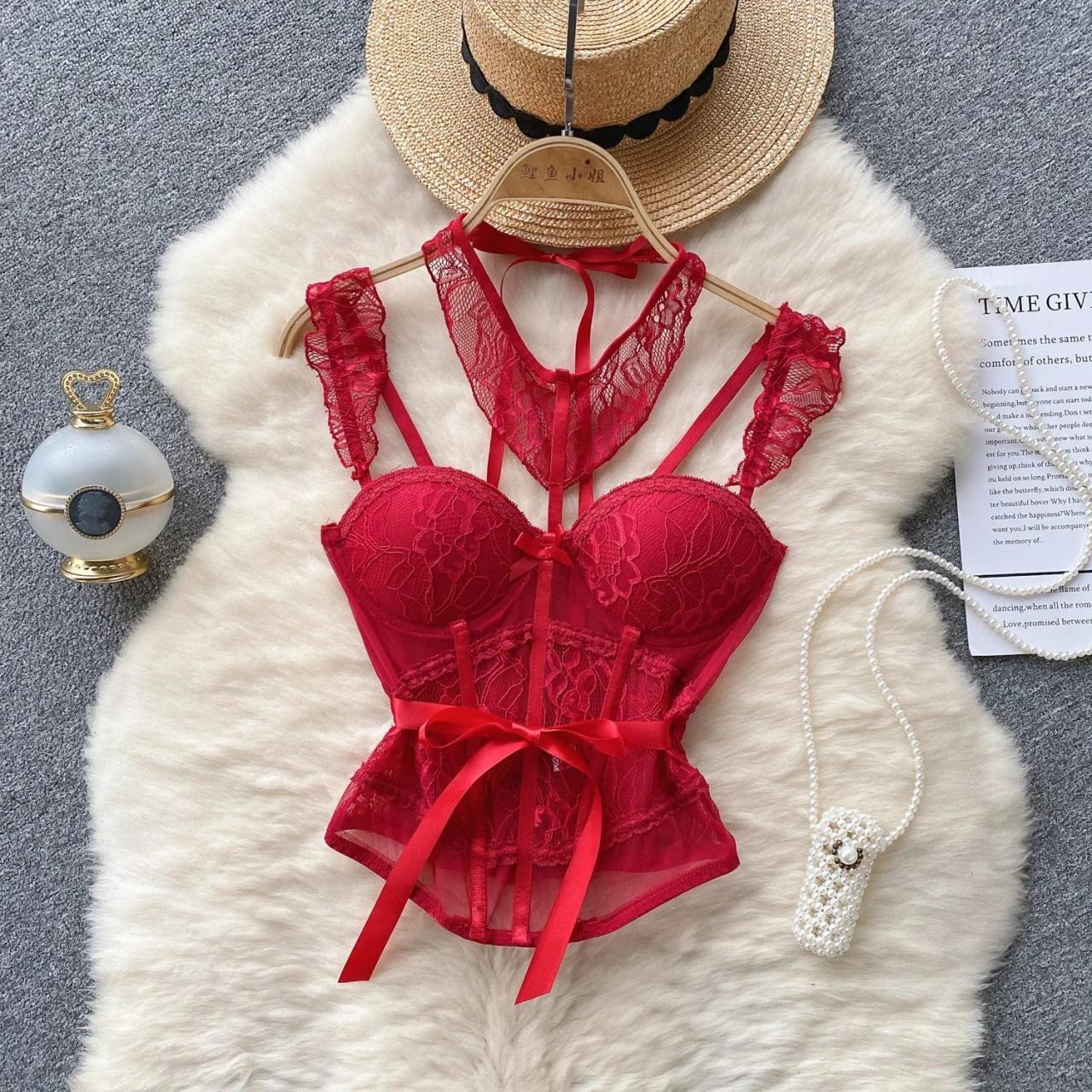 Elegant Red Lace Corset Lingerie Set Women on Luulla
