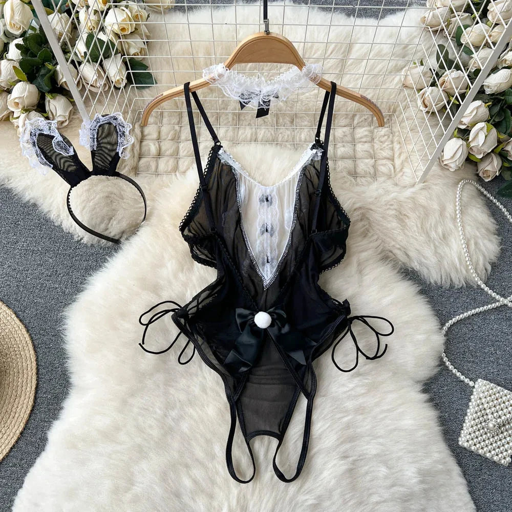 Sexy Black Sheer Mesh Lace Teddy Lingerie on Luulla