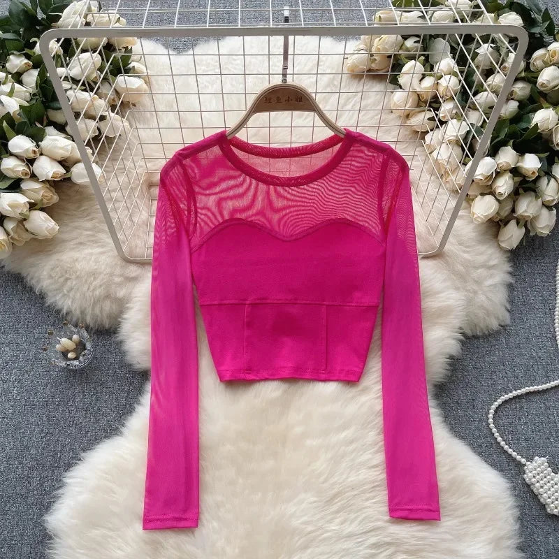 Long sleeve pink mesh top clearance