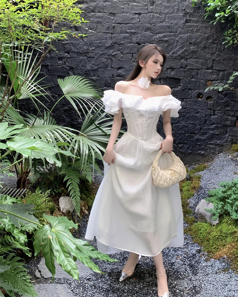 Off the shoulder ruffle midi dress clearance