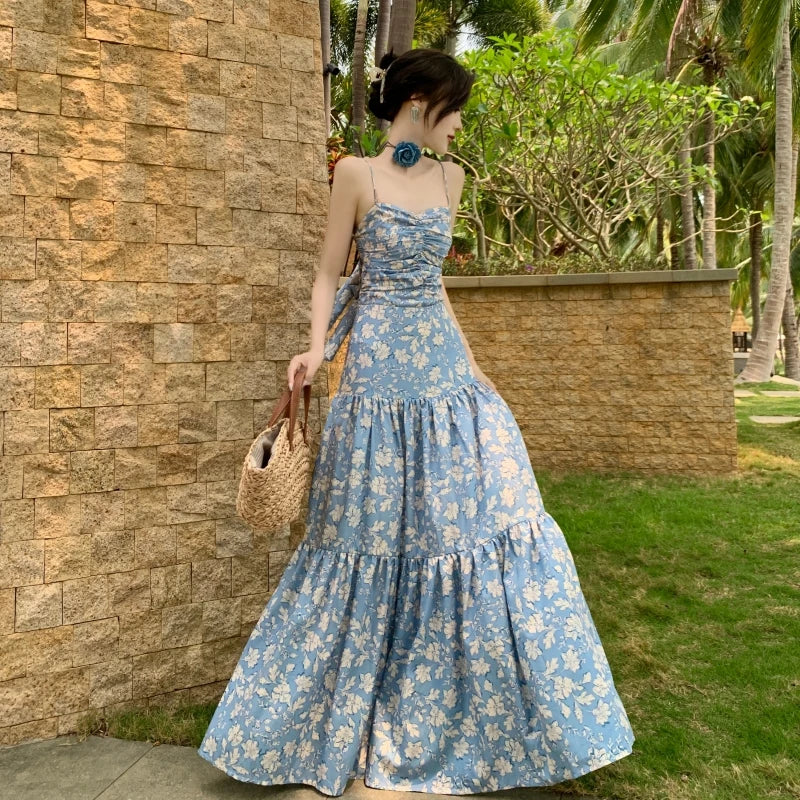 Floral Blue Spaghetti Strap Maxi Summer Dress on Luulla