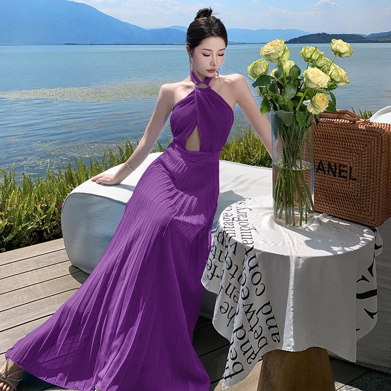 Elegant Purple Pleated Halter Maxi Dress on Luulla
