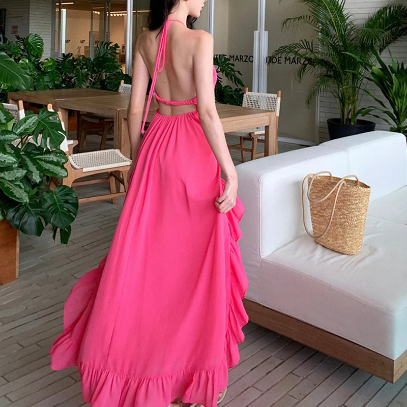princess polly baby blue dress Elegant Backless Pink Ruffle Maxi Dress